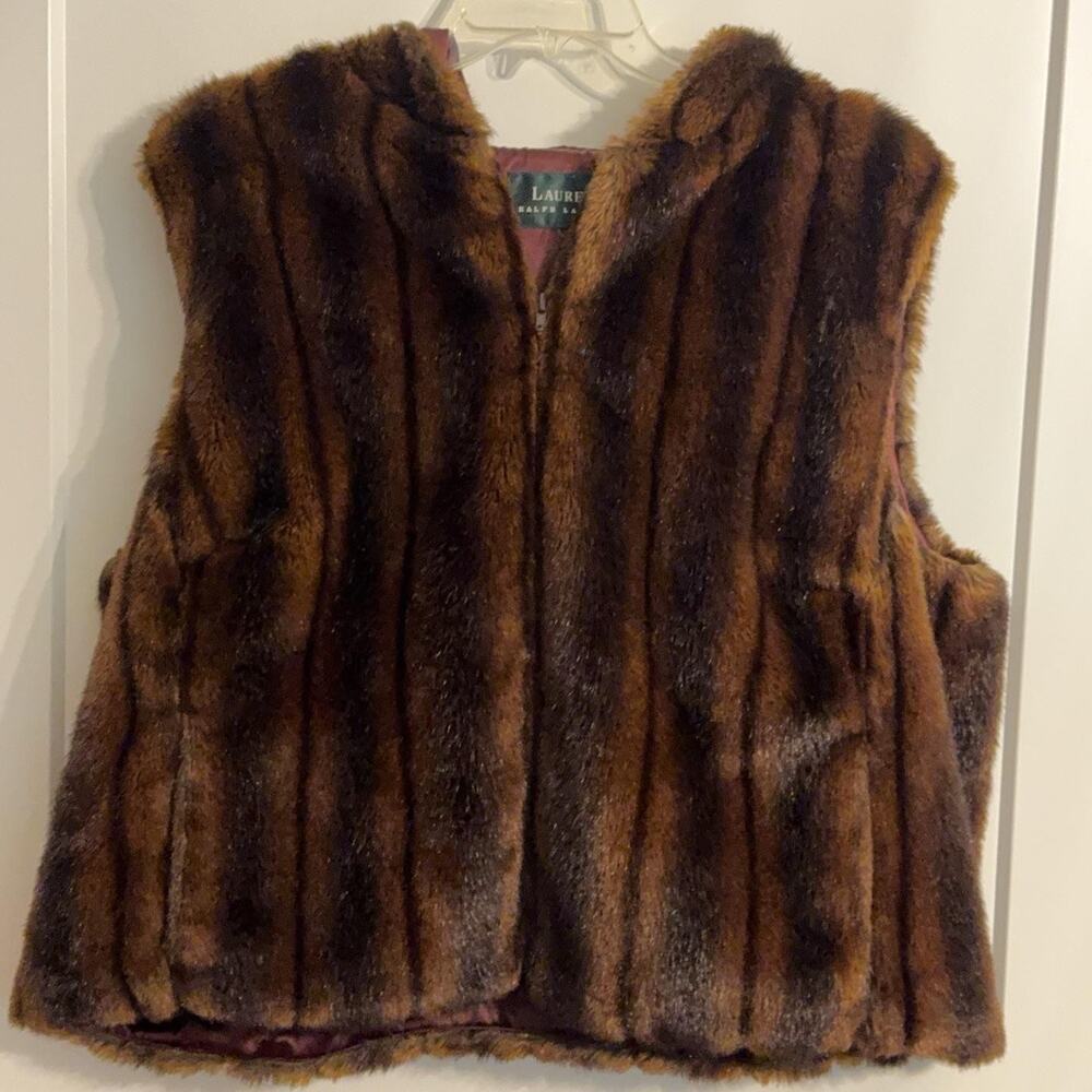 Lauren Ralph Lauren Vest Plus 3X? Brown Faux Fur Hooded Lined Striped Mob Wife